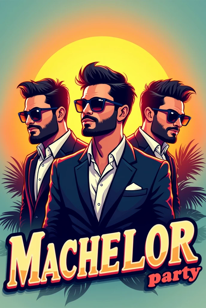 logo bachelor party, three guys with sun glasses, named eliot, posh y yisus