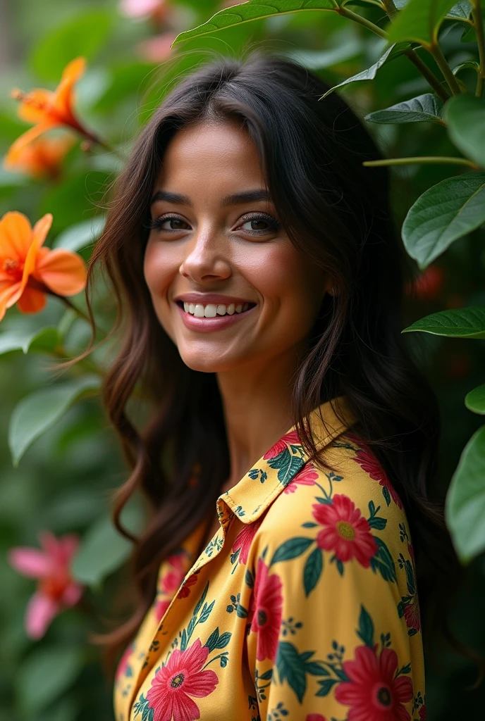 A Brazilian woman in a lush tropical garden, wearing an open shirt with a floral print, with a close-up capturing the harmonious beauty between her breasts and the natural flowers, showing off your natural charm and outgoing personality.
