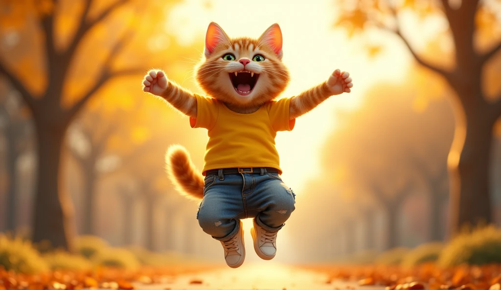 a vibrant, high-contrast cinematic photograph of a happy cat wearing a bright yellow T-shirt with a slight wrinkle, faded blue jeans with frayed hems, and scuffed white sneakers, captured in mid-air as it jumps up with all four paws outstretched, its whiskers and ears spread wide, its fur a warm golden brown with subtle texture, its bright green eyes shining with excitement, set against a soft, warm background with the sun casting a golden glow, illuminated leaves and branches of early autumn trees scattered around, with a shallow depth of field to emphasize the cat's joyful expression, rendered in a stylized, dreamy Pixar-esque aesthetic with bold colors and subtle texture, as if plucked from a nostalgic childhood memory.