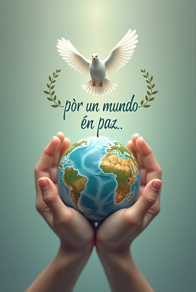 CREATE AN IMAGE THAT CONTAINS A WORLD IN YOUR HANDS AND A WHITE DOVE WITH A SPRAY OF LAUREL AND A MESSAGE THAT SAYS POR UN MUNDO EN PAZ