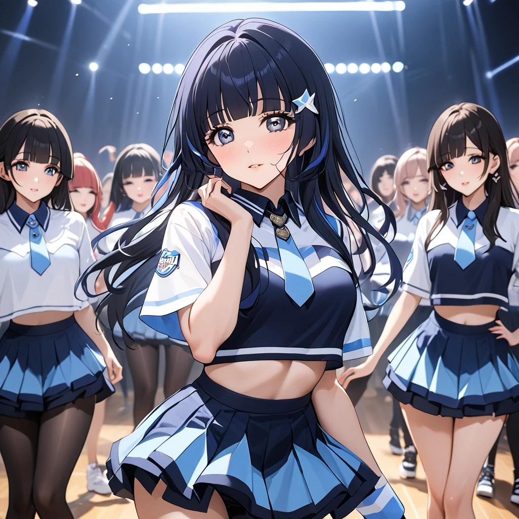 ((Highest quality)), ((masterpiece)), (detailed), (Perfect Face)、The woman is Aoki Reika, a member of a Korean K-POP girl group with medium-long hair.、The woman is wearing a cool K-POP costume from a Korean K-POP girl group and dancing a gorgeous and cool K-POP dance with her team members.