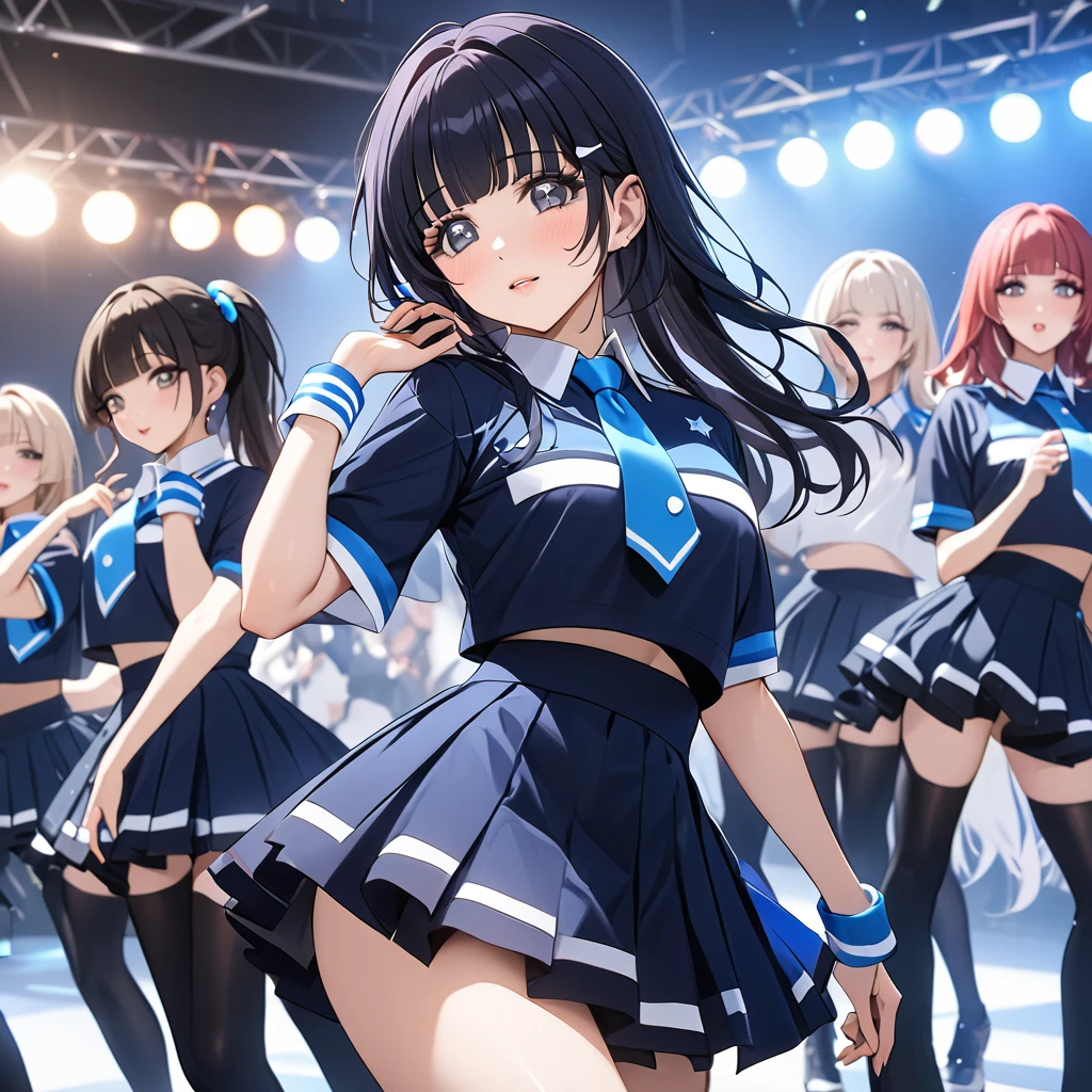 ((Highest quality)), ((masterpiece)), (detailed), (Perfect Face)、The woman is Aoki Reika, a member of a Korean K-POP girl group with medium-long hair.、The woman is wearing a cool K-POP costume from a Korean K-POP girl group and dancing a gorgeous and cool K-POP dance with her team members.