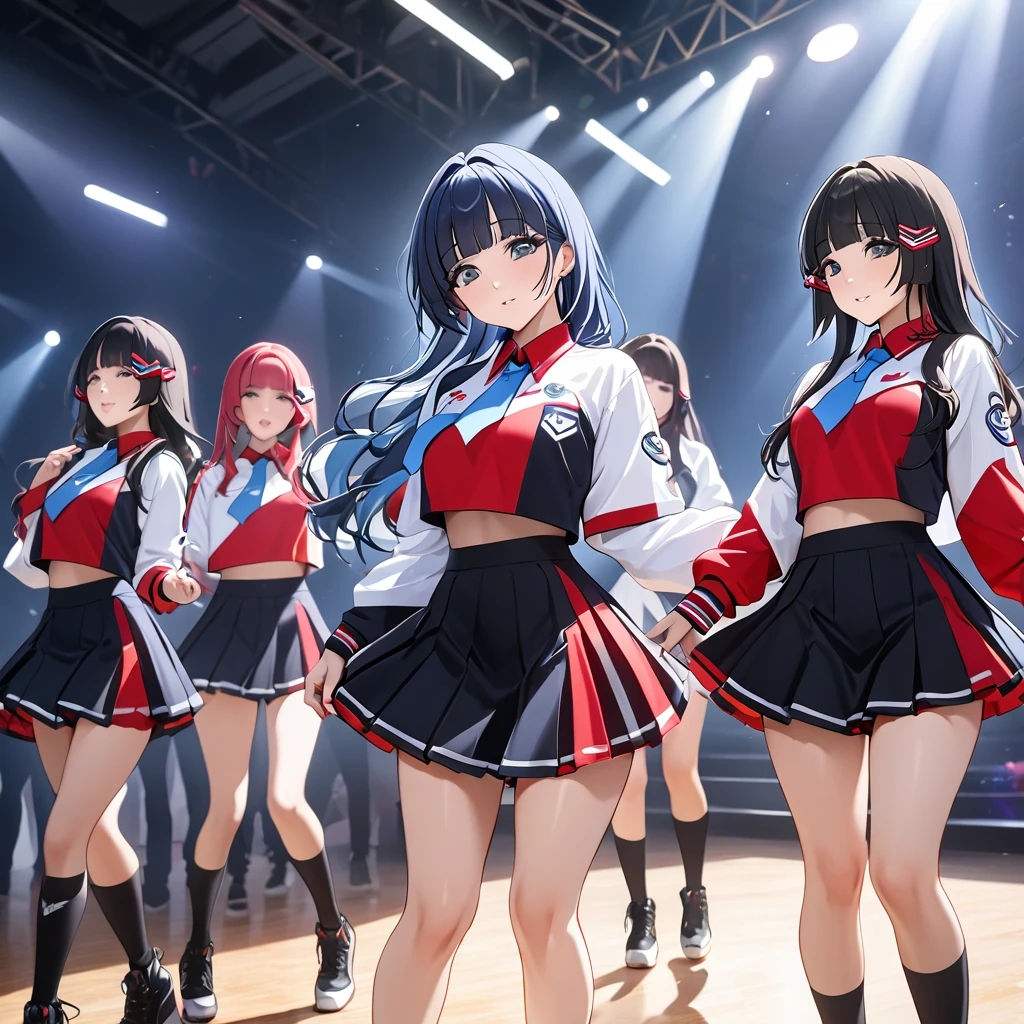 ((Highest quality)), ((masterpiece)), (detailed), （Perfect Face）、The woman is Aoki Reika, a member of a Korean K-POP girl group with medium-long hair.、The woman is wearing a cool K-POP costume from a Korean K-POP girl group and dancing a gorgeous and cool K-POP dance with her team members.