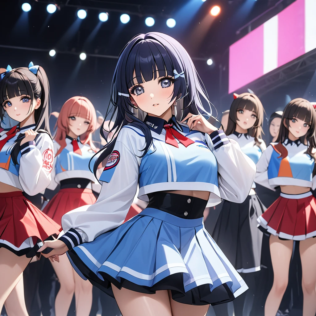 ((Highest quality)), ((masterpiece)), (detailed), （Perfect Face）、The woman is Aoki Reika, a member of a Korean K-POP girl group with medium-long hair.、The woman is wearing a cool K-POP costume from a Korean K-POP girl group and dancing a gorgeous and cool K-POP dance with her team members.