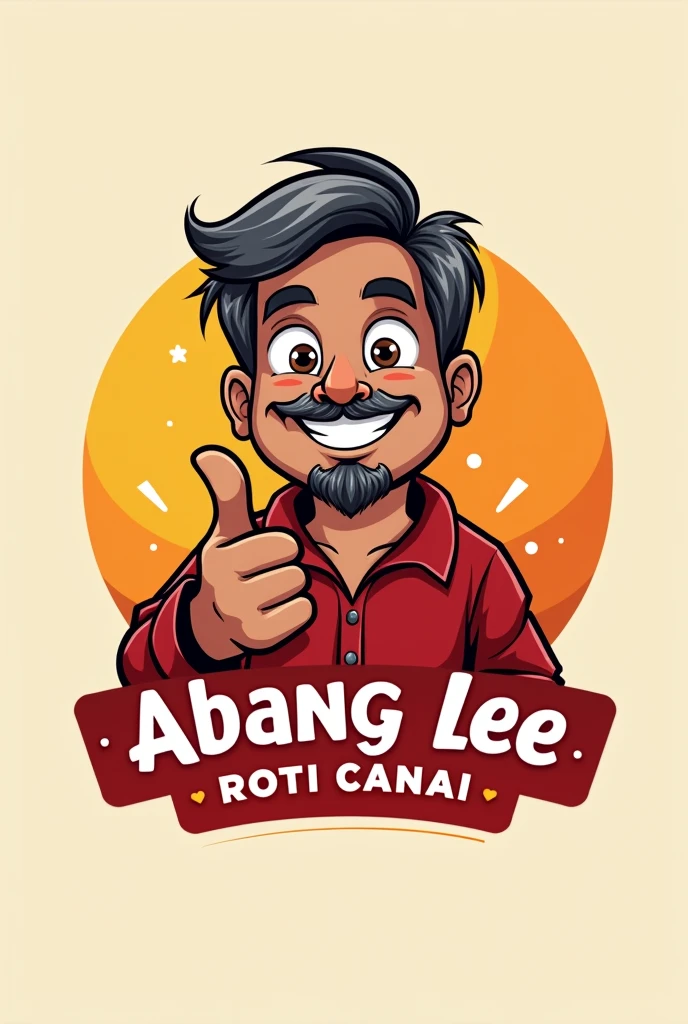 word "Abang Lee Roti Canai" for logo. industri. red white yellow font.copy design like mcd logo. man age 50 muslim . Malay man face. dark skin. grey black hair, small beasd. thumb up hand. small beard. pakistan man. big eyes
