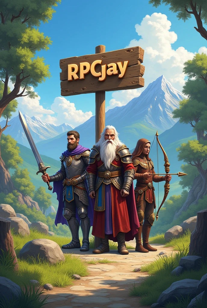 create a group of companions with a paladin,A wizard,a warrior with bow and arrow in a medieval world with a sign saying "RPGAY"