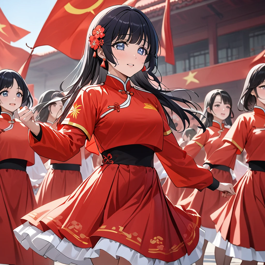 ((Highest quality)), ((masterpiece)), (detailed), (Perfect Face)、The woman is Aoki Reika, has medium-long hair and is a member of the Chinese Communist Party.、A woman wears a Chinese Communist Party folk dance costume and performs Chinese folk dance for China with female members at a Communist Party rally.