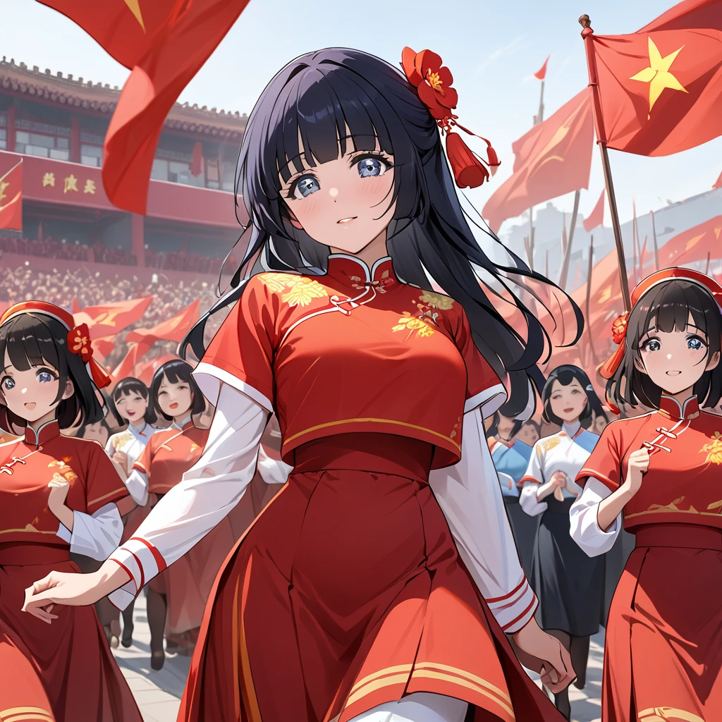 ((Highest quality)), ((masterpiece)), (detailed), (Perfect Face)、The woman is Aoki Reika, has medium-long hair and is a member of the Chinese Communist .、A woman wears a Chinese Communist Party dance costume and performs Chinese folk dance for China with female members at a Communist Party rall