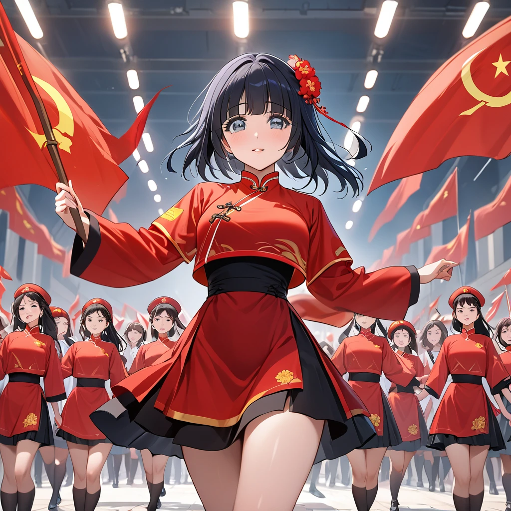 ((Highest quality)), ((masterpiece)), (detailed), (Perfect Face)、The woman is Aoki Reika, has medium-long hair and is a member of the Chinese Communist Party.、A woman wears a Chinese Communist Party folk dance costume and performs Chinese folk dance for China with female members at a Communist Party rally.
