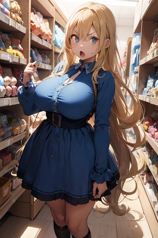 1 female, age girl, blue long sleeve dress, blonde long hair, rosa cheeks, doll store, playing a dolls, angry face, huge breast, screaming mouth, gothic dress up, upset, mad