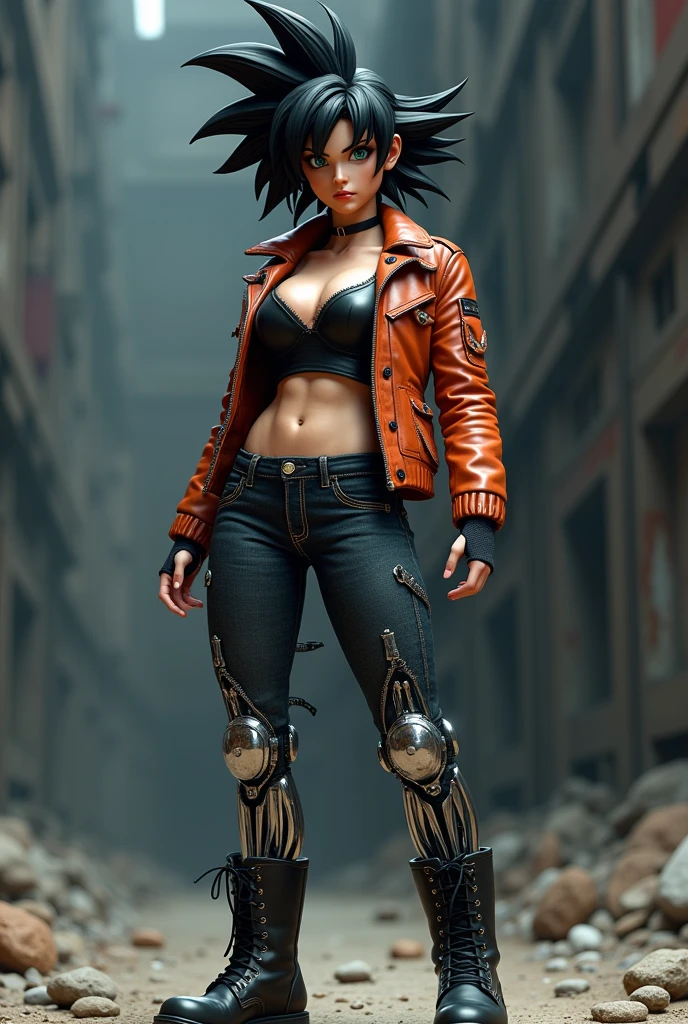 Full body image of a female version of Goku wearing the clothes of the T-800 from Terminator. 3D anime style