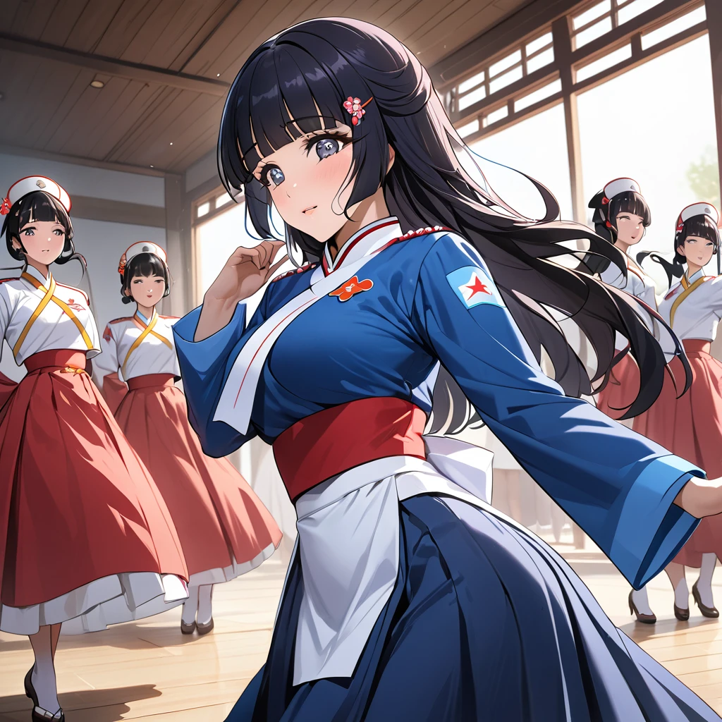 ((Highest quality)), ((masterpiece)), (detailed), (Perfect Face)、The woman is Reika Aoki with semi-long hair、The woman is a member of the North Korean Pleasure Squad and is dressed in North Korean national costume and performing a dance for the general.