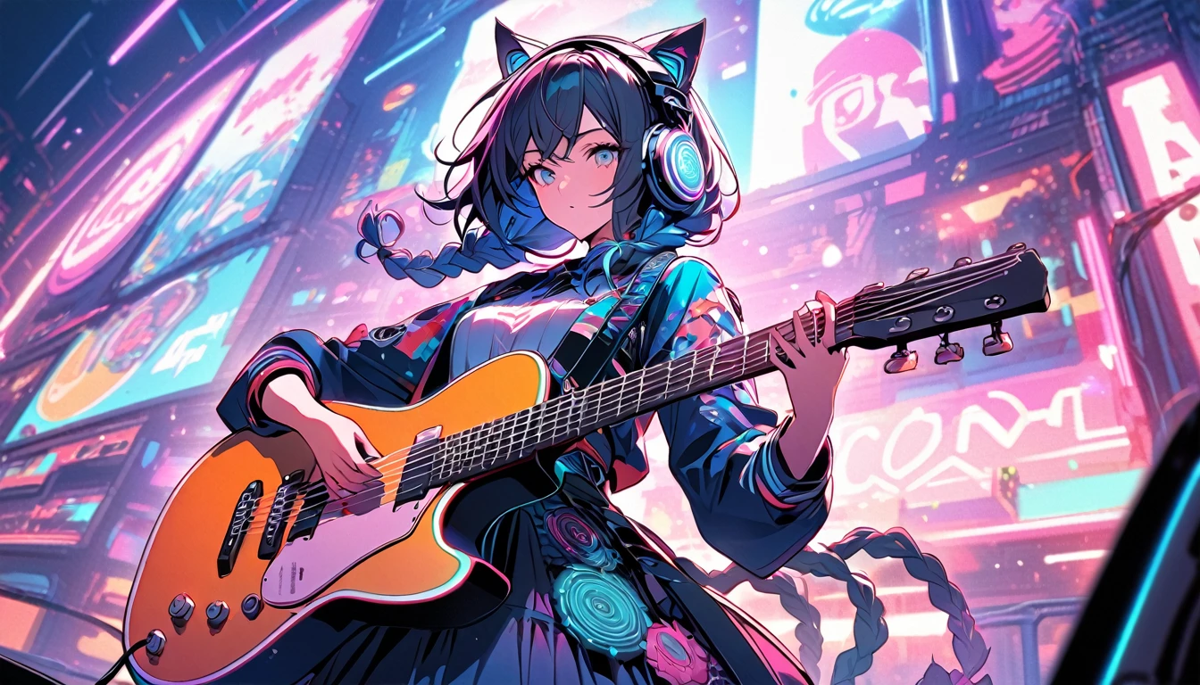 Beautiful 1, single, girl with braids, hair with glowing wires Wears a half hat, headphones, cat ears, mixed with sci-fi and neon tones. In the background is a robot with neon lights. The background image is a large robot, clearly visible. ,on stage, playing guitar Please include elements of mandalas and the universe in the background