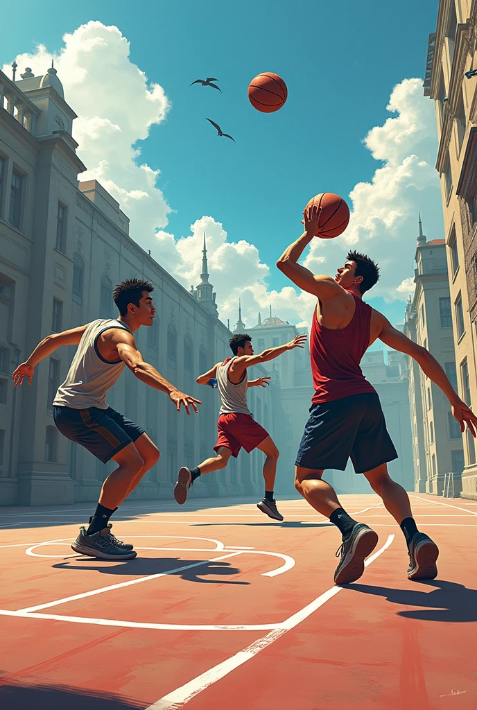 Hazme una imagen de levi akerman zeke jeager y Karl fritz jugando baskettball
