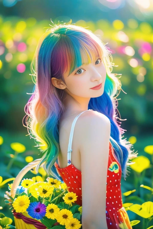 Highest quality,High resolution,A Japanese girl standing in a flower field holding a basket of fruit and flowers, Two-tone hair, long hair with pastel colours, aurora Colored Hair, Colorful pastels,  Hair Color, multiColored Hair, Colorful long hair, Two-tone hair dye, Colorful Hair, Gradient Hair, pastel colour, Colored Hair, Bright rainbow hair colors,One-piece dress with frills,Behind the girl is a stained-glass church.,The background is a sparkling rainbow in a clear blue sky.:1.5,A large rainbow-colored pumpkin grows in a flower field:1.5