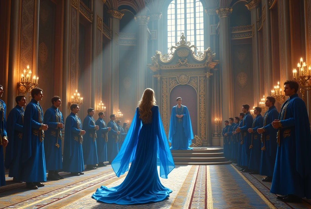 Woman in beautiful blue dress with cape is walking through the room to the throne in a beautiful castle. the king is standing in front of the throne at the altar wearing a beautiful blue outfit 
