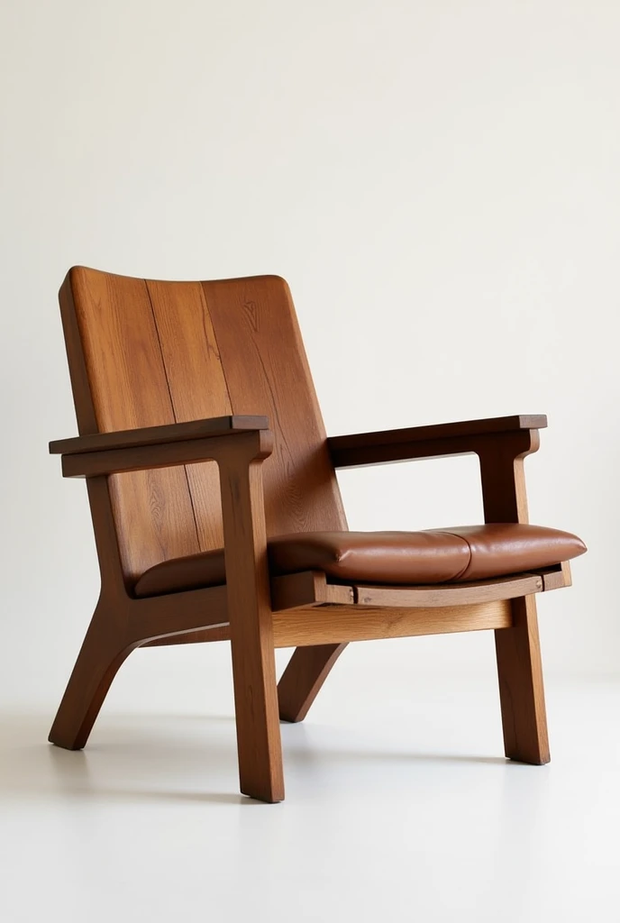 Create a chair made of brown pine wood, that is comfortable, that the rear legs have more angle for more stability and comfort and the front legs are of equal angle and that the back part has support, that has arm support and can support weight without being a light chair and that is for indoors