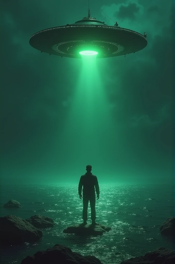 ((best quality)), ((masterpiece)), (detailed), 
a man confronts an alien which is the same size as him in the middle of the ocean, the alien approaching using a UFO (night green) (in the middle sea)
