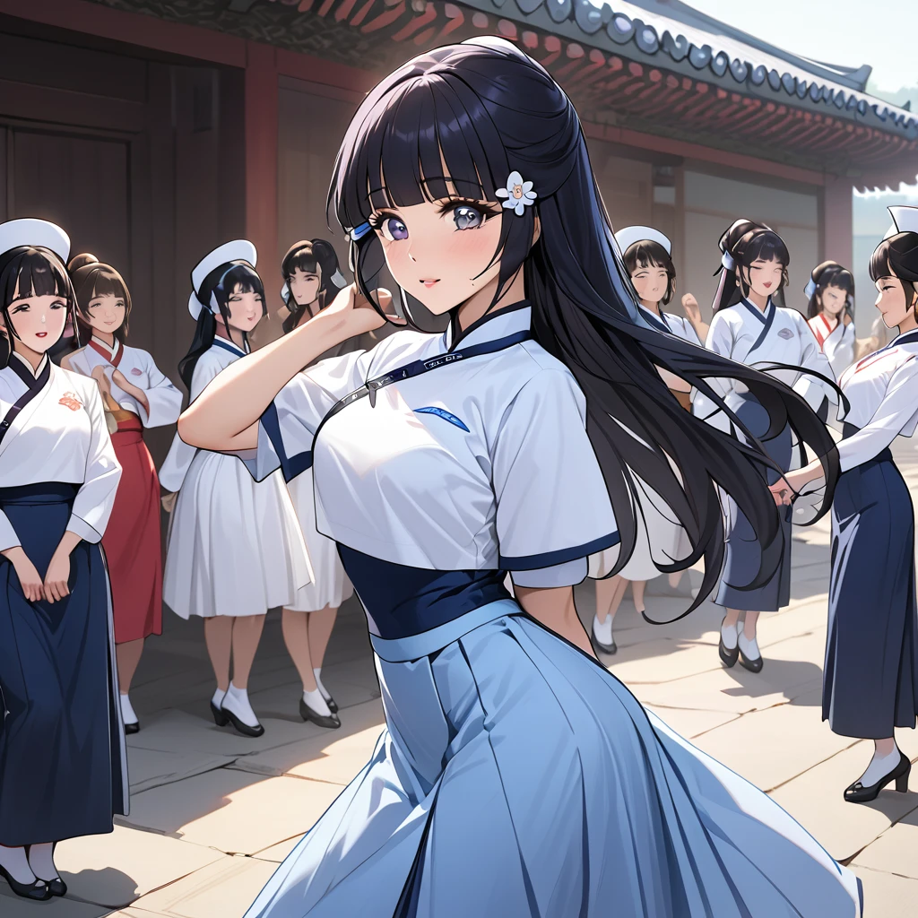 ((Highest quality)), ((masterpiece)), (detailed), （Perfect Face）、The woman is Reika Aoki with semi-long hair、The woman is a member of the North Korean Pleasure Squad and is dancing for the General, wearing the attractive North Korean traditional traditional Korean dress.