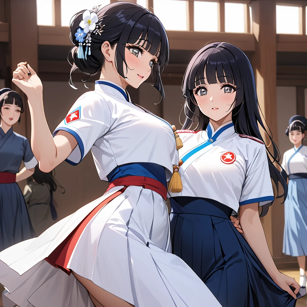 ((Highest quality)), ((masterpiece)), (detailed), （Perfect Face）、The woman is Reika Aoki with semi-long hair、The woman is a member of the North Korean Pleasure Squad and is dancing for the General, wearing the attractive North Korean traditional traditional Korean dress.