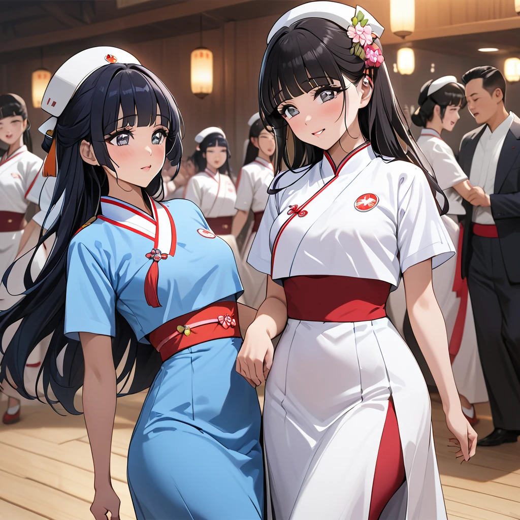 ((Highest quality)), ((masterpiece)), (detailed), (Perfect Face)、The woman is Reika Aoki with semi-long hair、The woman is a member of the North Korean Pleasure Squad and is dancing for the General, wearing the attractive North Korean traditional traditional Korean dress.