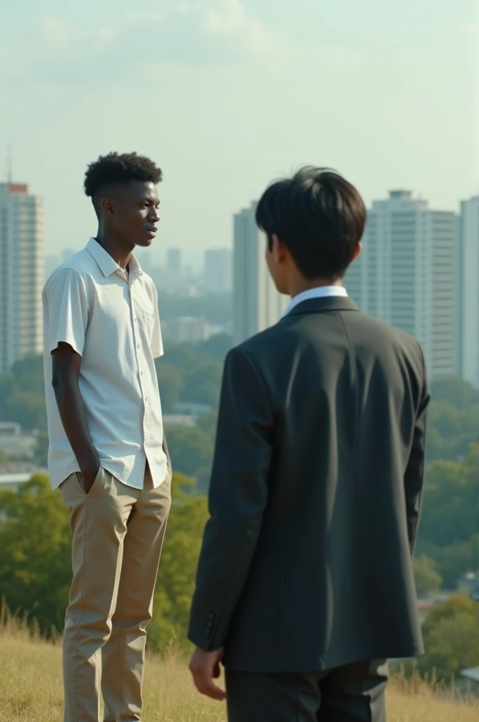 A cinematic shot of a dark-skinned Brazilian teenager standing on a hill, facing his classmate. He is wearing a white shirt and khaki pants. In the foreground, a Japanese teenager is standing facing the teenager back. He is wearing a dark suit and a light-colored shirt. The background contains a cityscape with tall buildings. 
