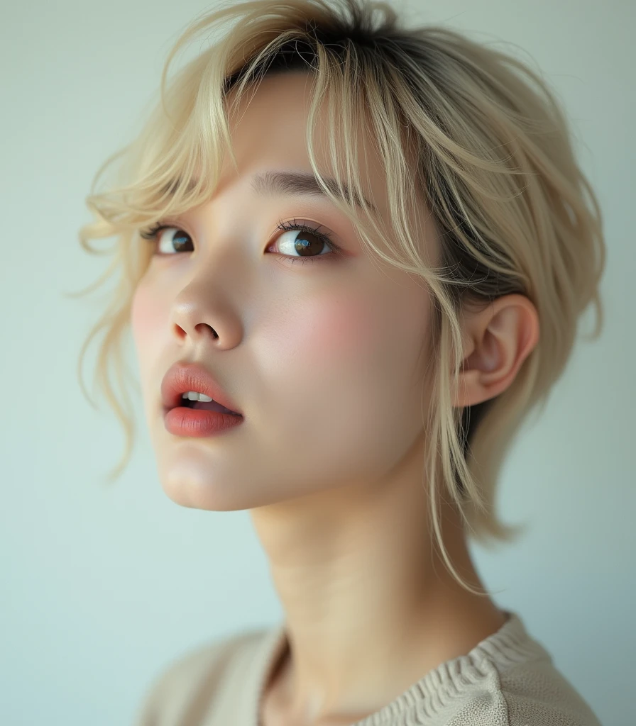 Blond gir with korean wolf haircut, short hair, 8k, highly detailed, high quality, masterpiece, ultra detailed, vivid colors, HDR, studio lighting, physically-based rendering,Open Mouth, 
