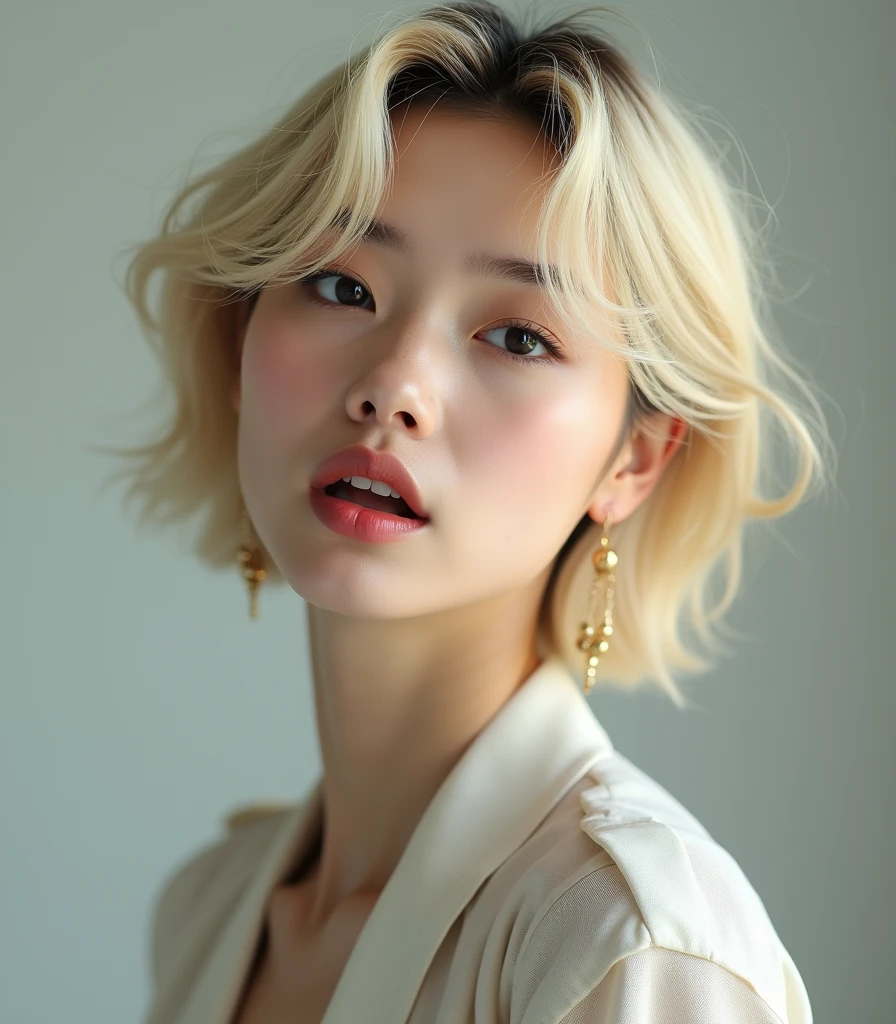 Blond gir with korean wolf haircut, short hair, 8k, highly detailed, high quality, masterpiece, ultra detailed, vivid colors, HDR, studio lighting, physically-based rendering,Open Mouth,