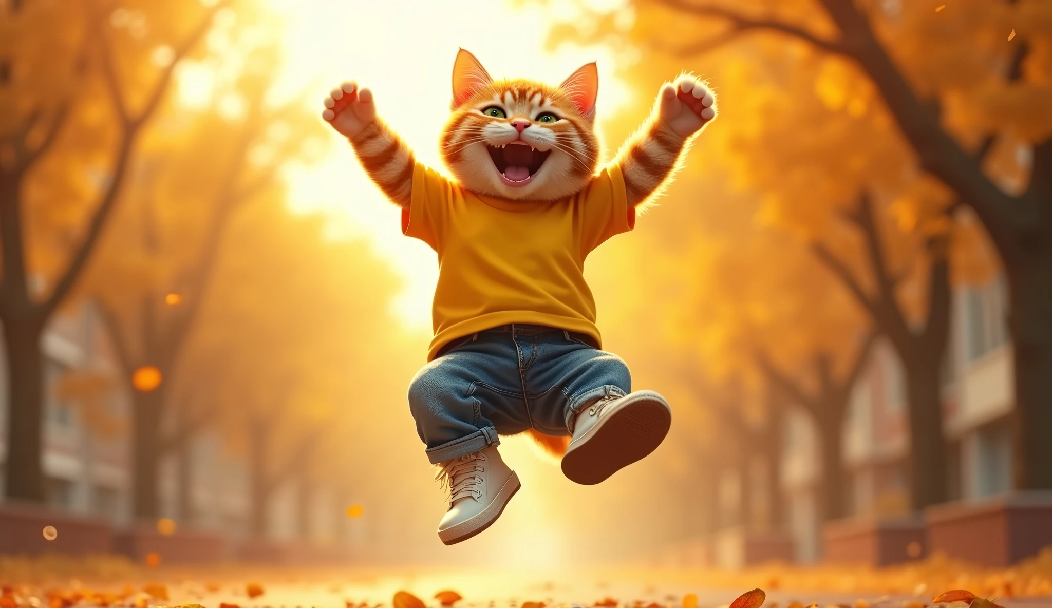 a vibrant, high-contrast cinematic photograph of a happy cat wearing a bright yellow T-shirt with a slight wrinkle, faded blue jeans with frayed hems, and scuffed white sneakers, captured in mid-air as it jumps up with all four paws outstretched, its whiskers and ears spread wide, its fur a warm golden brown with subtle texture, its bright green eyes shining with excitement, set against a soft, warm background with the sun casting a golden glow, illuminated leaves and branches of early autumn trees scattered around, with a shallow depth of field to emphasize the cat's joyful expression, rendered in a stylized, dreamy Pixar-esque aesthetic with bold colors and subtle texture, as if plucked from a nostalgic childhood memory.

