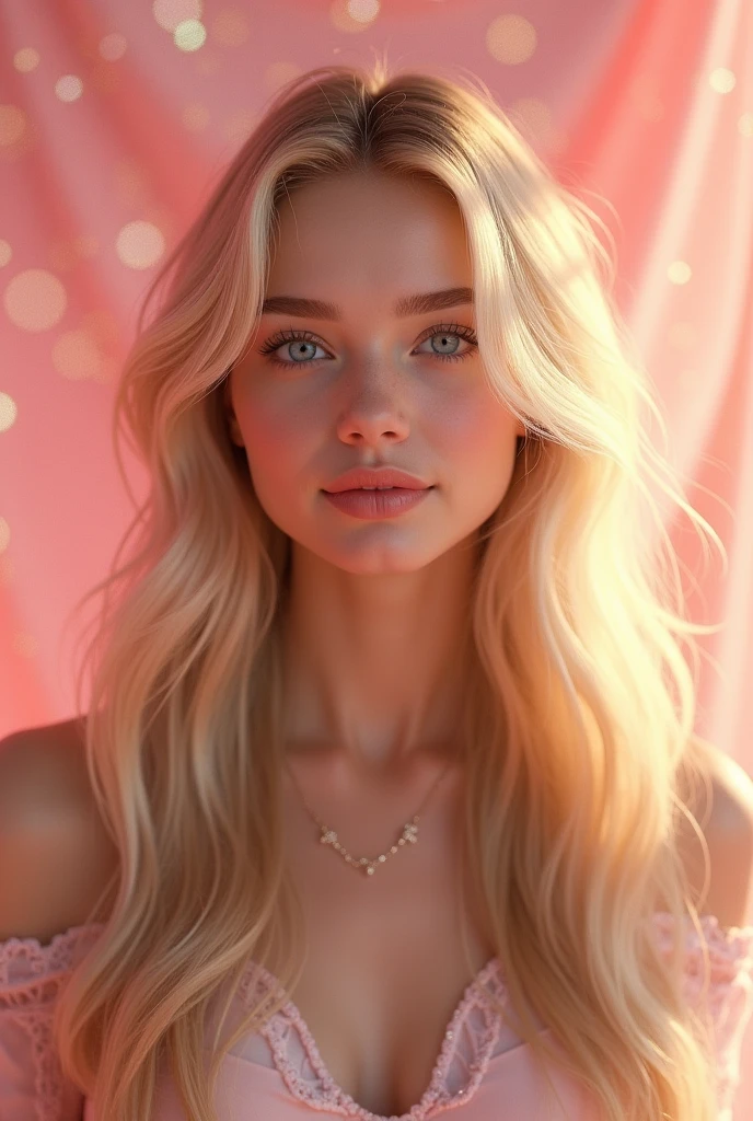 Girls age of 25 blond hairs with pink glitter background