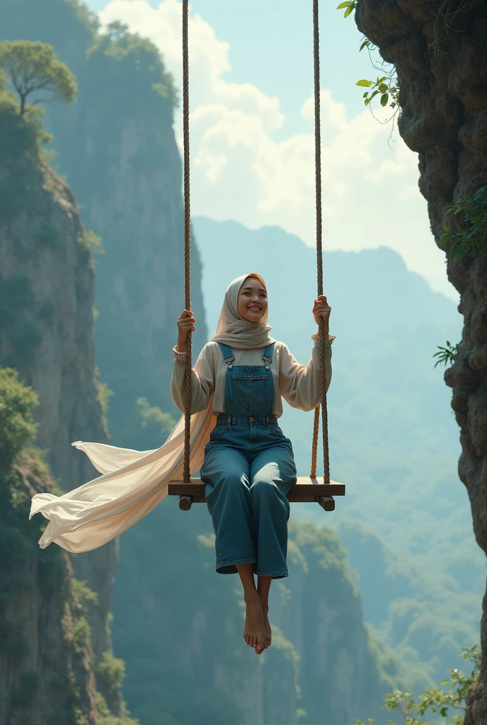 A asian woman with long hijab flowing wearing long overall jeans calm, playing on a swing on the edge of a scary cliff, face Smilling looking at the camera