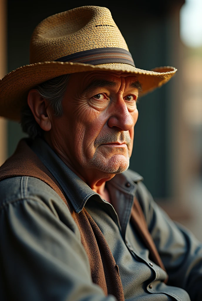 A middle aged man with a straw hat sitting in a chair, close-up, sideways, Hyperrealism, uhd, high details, super detail, anatomically correct, accurate
