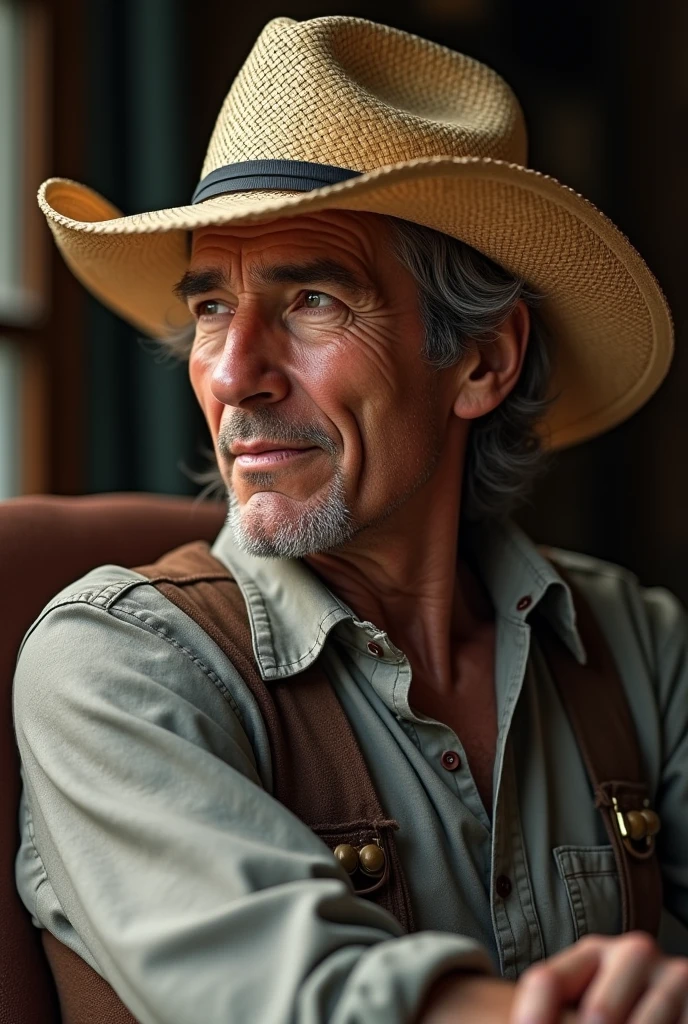 A middle aged man with a straw hat sitting in a chair, close-up, sideways, Hyperrealism, uhd, high details, super detail, anatomically correct, accurate