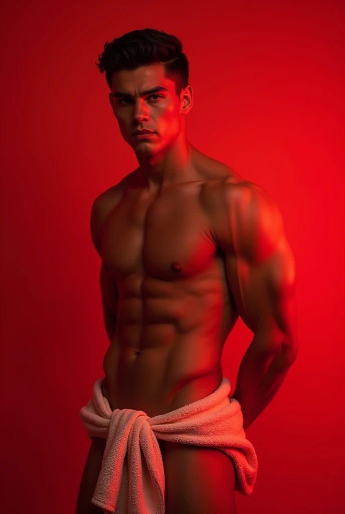 creates a young, muscular man with a naughty face without a shirt and wearing a towel in a red environment. super realistico
