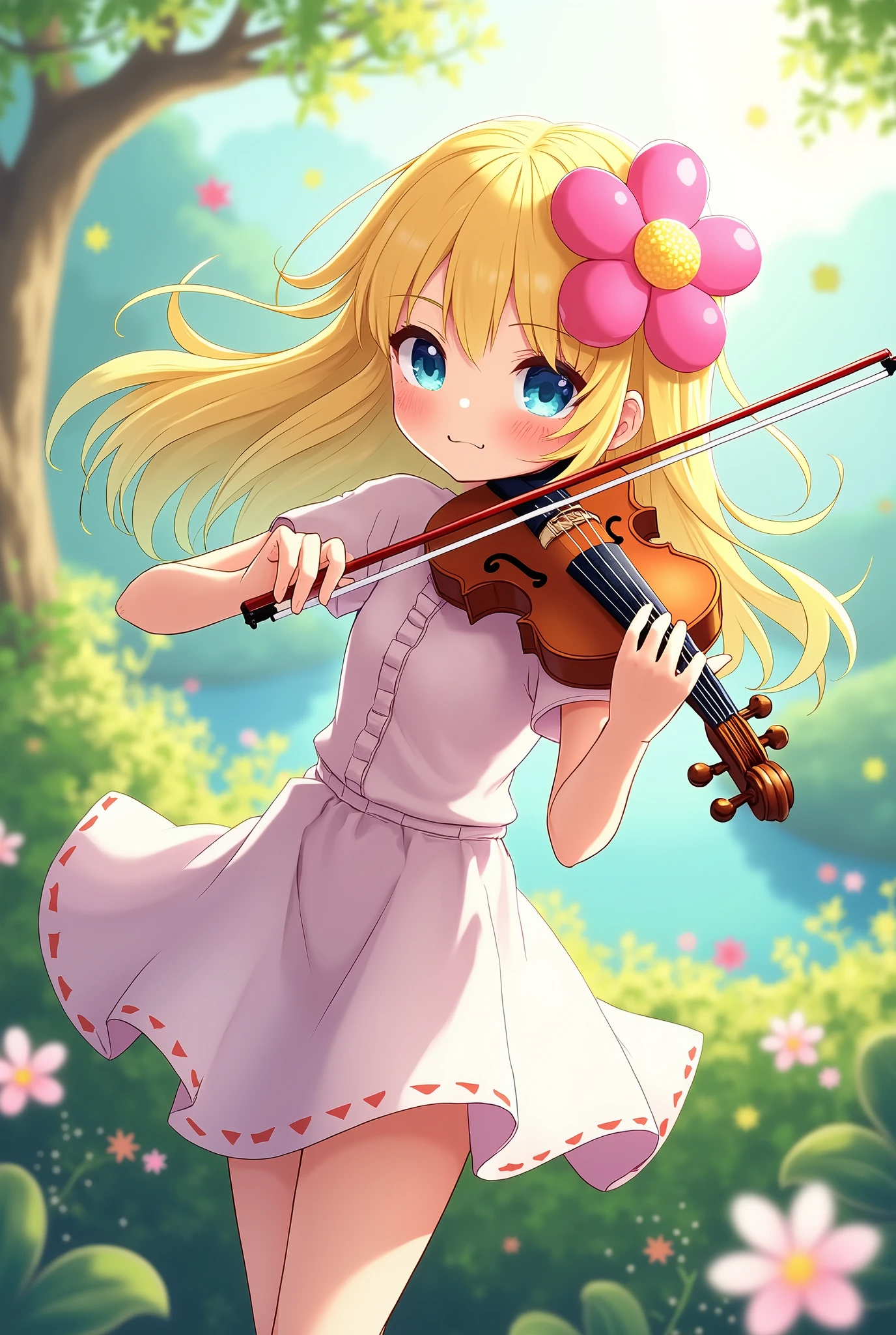 Mizumori Atsukaze,An illustration, girl with yellow hair,Big pink flower on head,freckles,Wearing a blue dress,Playing the violin,