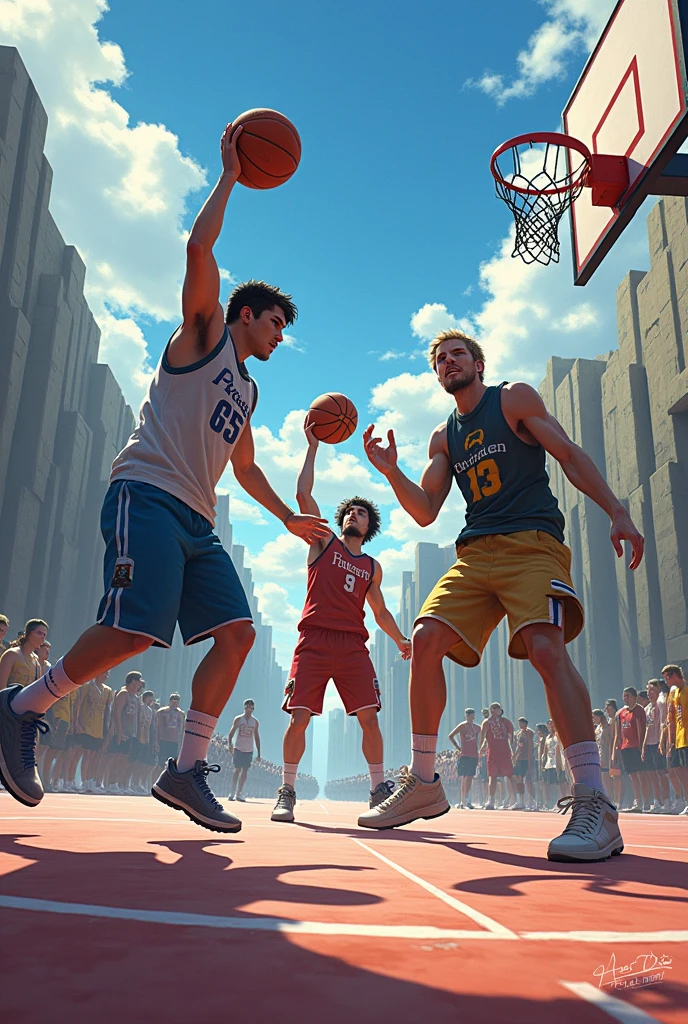 Hazme una imagen de levi akerman zeke jeager y Karl fritz jugando baskettball