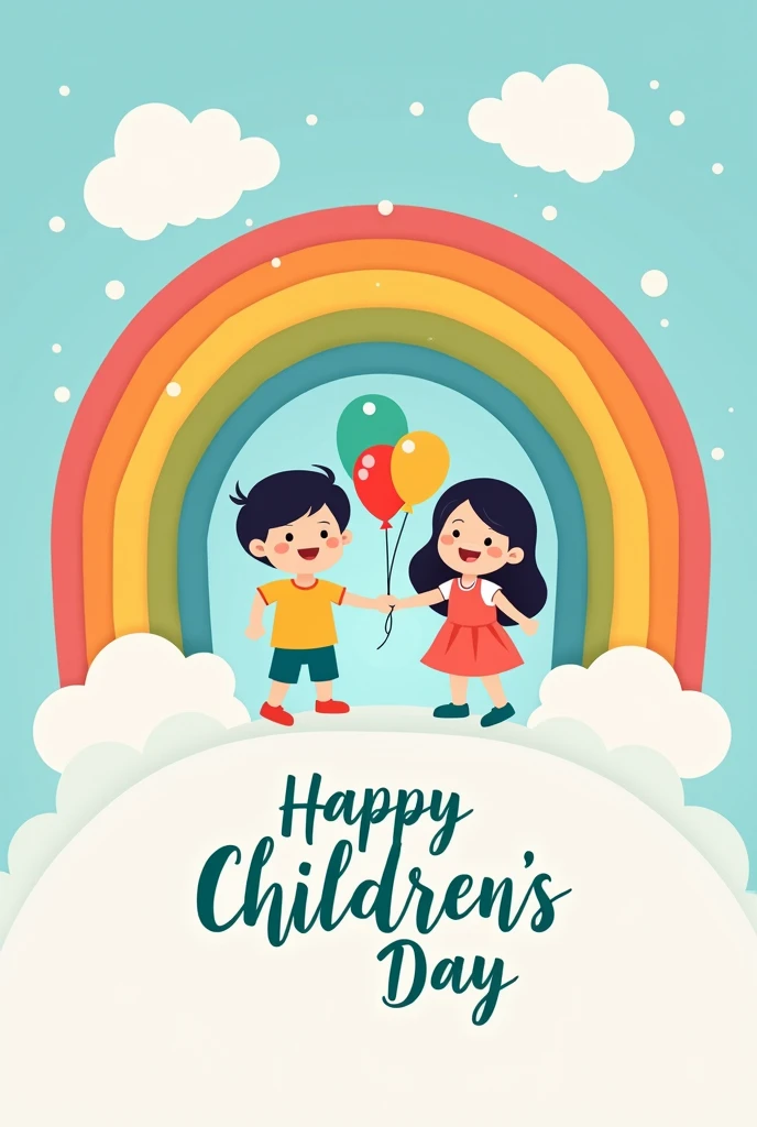 The image is a greeting card for Children's Day. It has a light blue background with white clouds scattered throughout. In the center of the image, there is a rainbow arching over the rainbow. On either side of the rainbow, there are two children, a boy and a girl, holding colorful balloons. The children are smiling and appear to be having fun. The text "Happy Children's day" is written in a cursive font in the bottom right corner.vector
