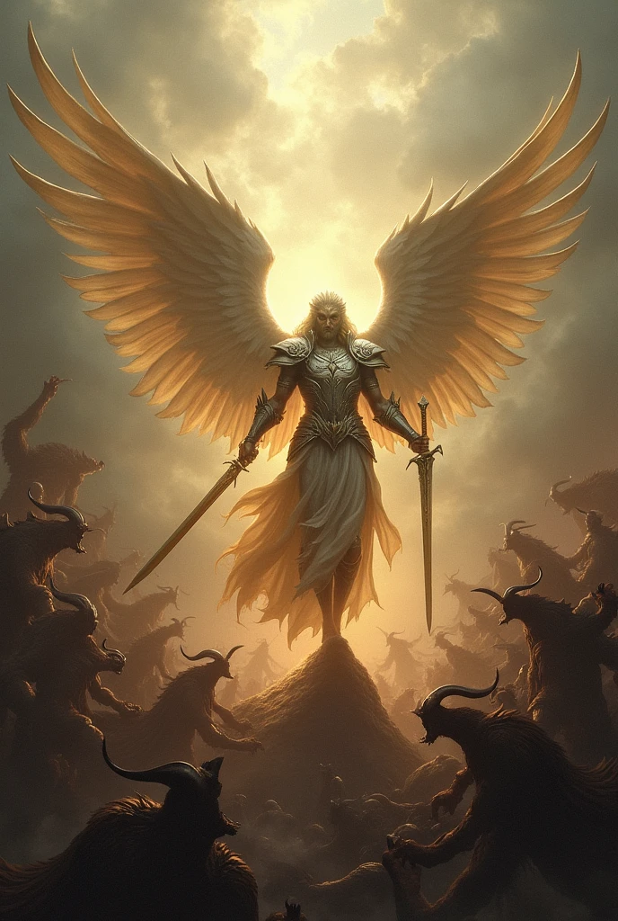One man angel fighting with thosend of evil