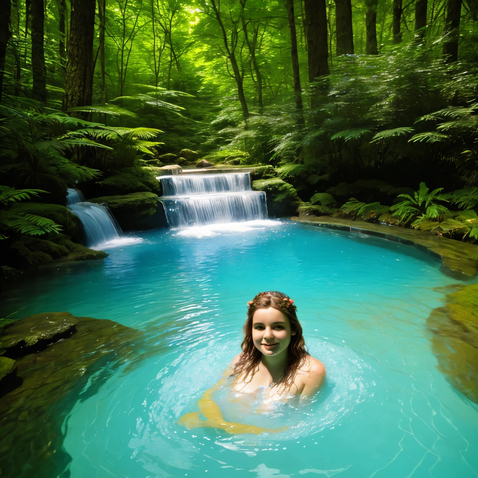 A Naiad bathing in her pool in a forest glade.