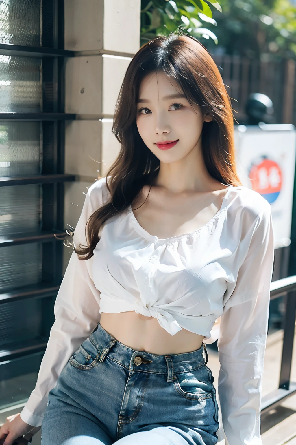 Asian woman in white shirt and blue jeans, hyperRealistic , Otaku, V-shaped clothing with an open neckline, Korean Girls, a hyperRealistic , Wear a shirt, Smooth white tight clothing suit, Realistic , Gorgeous Young Korean Woman, sakimichan, Trending on cgstation, Interesting outfits, (exposed lower abdomen), smiling