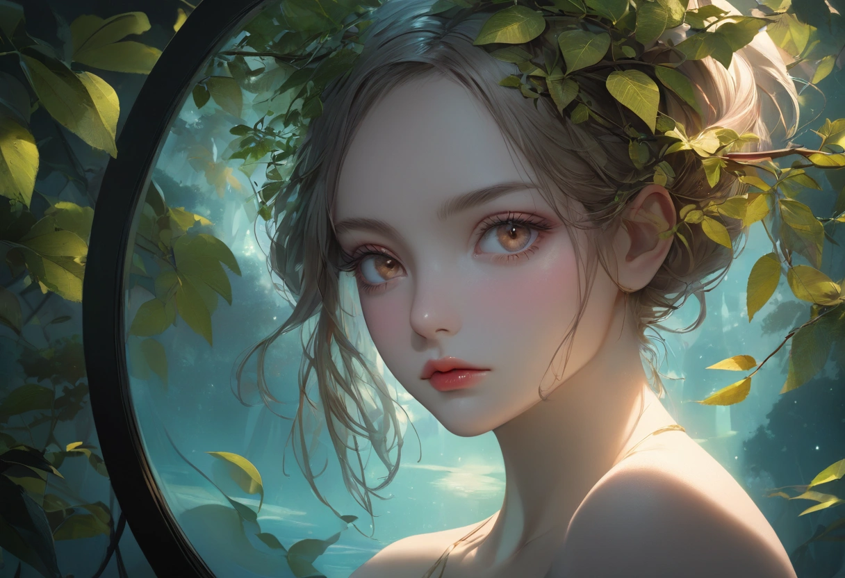 Zelkova landscape, bright canvas, The zelkova leaves are fluttering, Transparent holographic reflection, A surreal landscape made of zelkova leaves, Leaves viewers speechless, A beautiful world, 1 Russian woman, detailed eyes, brown eyes, detailed lips, very detailed face, long eyelashes, Beautiful and detailed portraits, elegant, tranquil expression, summer, high quality, 8k, realistic, surrealist, studio lighting, Physically Based Rendering, vivid colors, movie lights, dramatic lighting, soft lighting, dramatic contrast, clear, ethereal, dreamlike, mysterious, magical, fancy, concept art