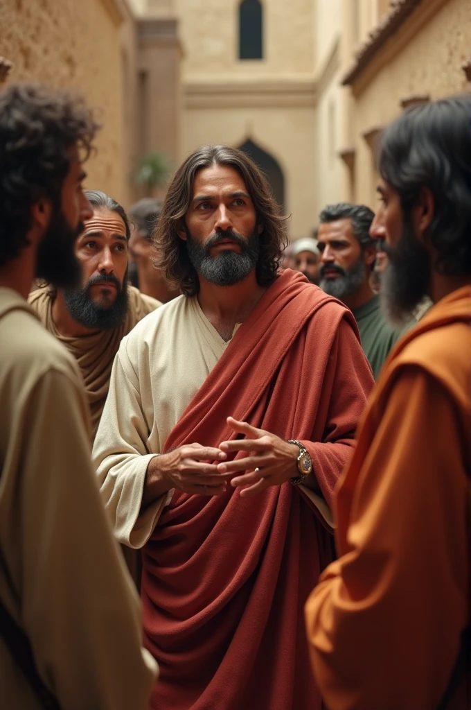 Create a realistic image of Jesus talking to the disciples, 3d, 8k