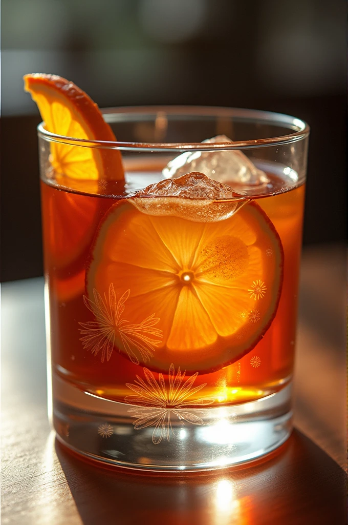 there is a glass of alcohol with a slice of orange on the rim, cocktail in an engraved glass, old fashioned, by Olivia de Berardinis, by Aleksander Kotsis, by Lubin Baugin, by Martina Krupičková, with a drink, commercial illustration, glass with rum, by Mario Dubsky