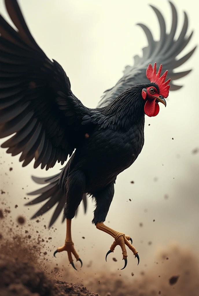 A fighting cock with jet black feathers, intense eyes and sharp beak, launches into a forward flight in a ferocious attack. His muscles are tense and his wings are spread out., creating a sense of movement and power. Where you can appreciate from the perspective and appreciate its flight, in an image that shows the entire body of the animal up to the tips of the wings
