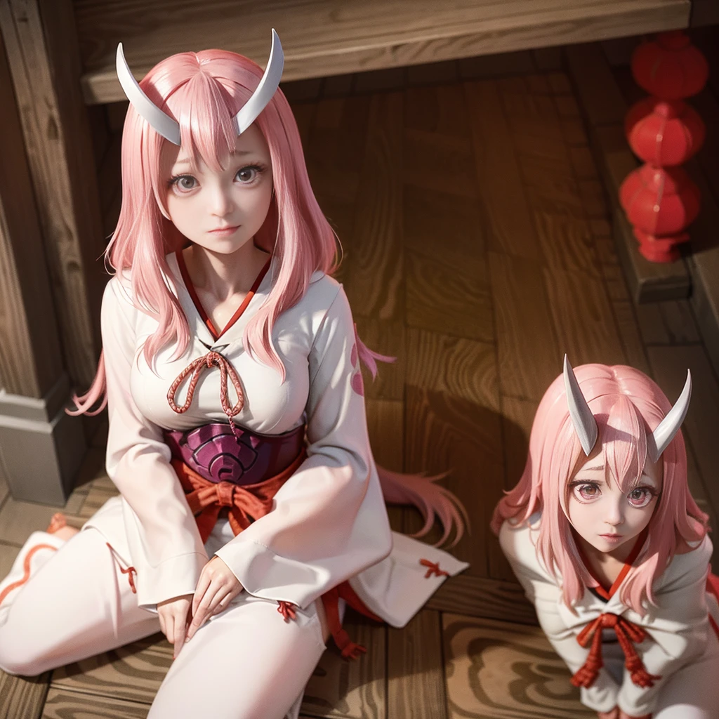 (8k, RAW Photo, Top Quality, Refined Details, Masterpiece: 1.2), (High Resolution 8k Wallpaper), Sharp Focus, Professional Lighting, Depth of Field, Cinematic Lighting, Background Blur,Shuna Tensura (pink straight long hair tied low:1.6), (two demon horns that draw an elegant curve growing from the forehead:1.5), (pink eyes: 1.6), the beautiful devil of Japan A princess wearing a traditional shrine maiden costume. She is wearing a red hakama and a white kimono with a flower pattern. Her expression is gentle and gentle, giving a sense of calm and inner strength. Her background depicts a tranquil Japanese garden and bamboo forest, creating an elegant and peaceful atmosphere. Her skin is white and her features are delicate and beautiful.