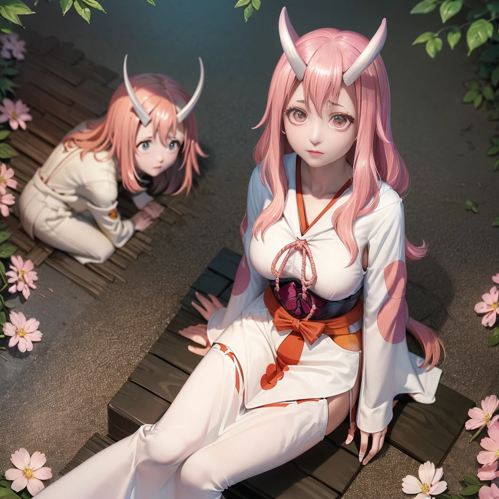 (8k, RAW Photo, Top Quality, Refined Details, Masterpiece: 1.2), (High Resolution 8k Wallpaper), Sharp Focus, Professional Lighting, Depth of Field, Cinematic Lighting, Background Blur,Shuna Tensura (pink straight long hair tied low:1.6), (two demon horns that draw an elegant curve growing from the forehead:1.5), (pink eyes: 1.6), the beautiful devil of Japan A princess wearing a traditional shrine maiden costume. She is wearing a red hakama and a white kimono with a flower pattern. Her expression is gentle and gentle, giving a sense of calm and inner strength. Her background depicts a tranquil Japanese garden and bamboo forest, creating an elegant and peaceful atmosphere. Her skin is white and her features are delicate and beautiful.