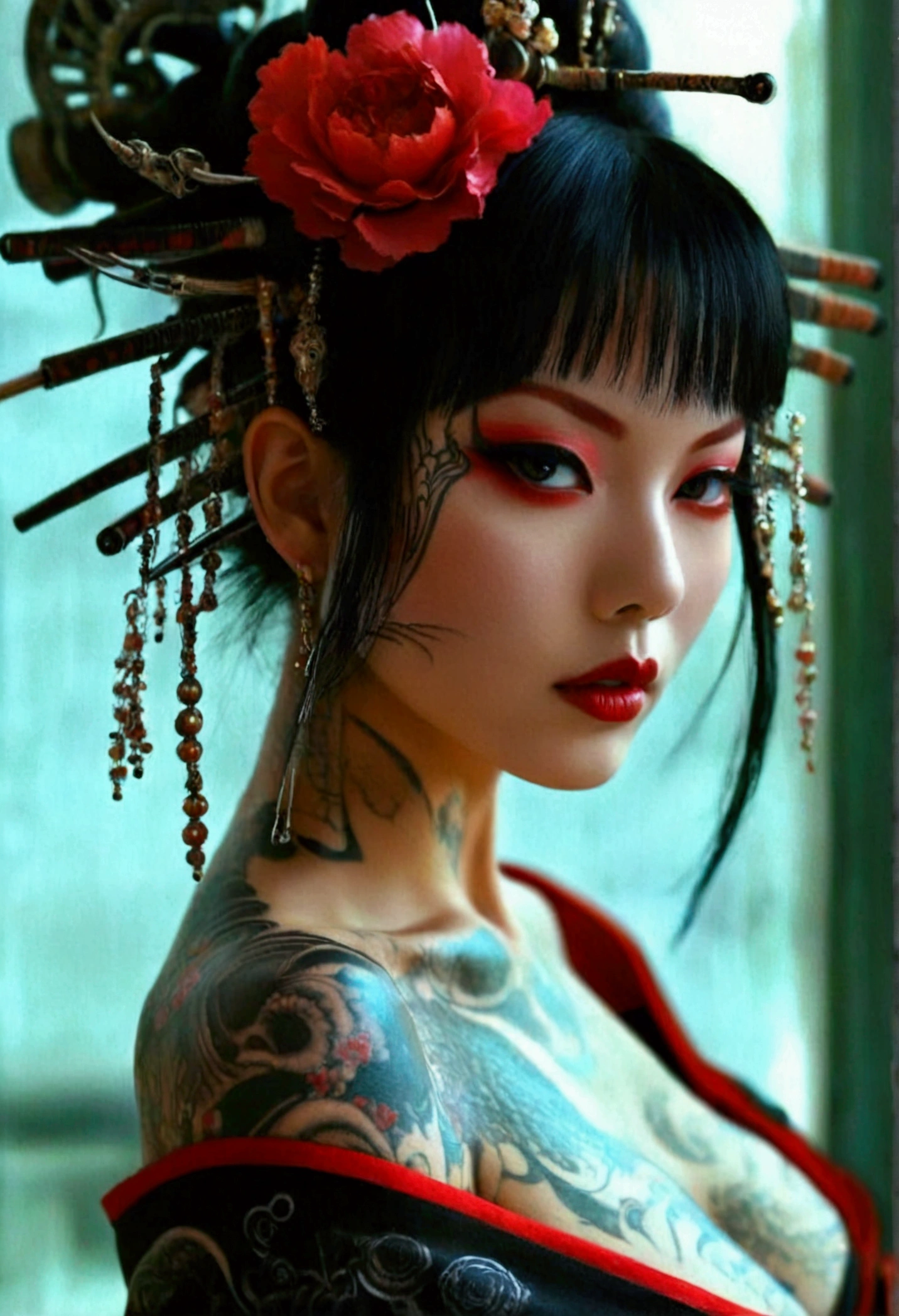 Stunningly gorgeous beautiful perfect hr giger inspired inspired tattooed sexy seductive Geisha, perfect face, hyper detailed vibrant eyes, large breasts, full body view, nude, no color black and gray only, show complete body,