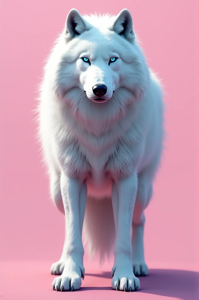 White wolf with blue eyes, well detailed, intimidating and attractive, pink background