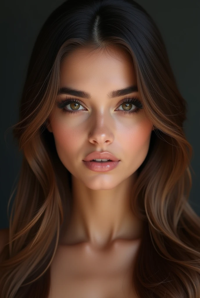 (photorealism:1.2), beautiful arabic woman, young 22-years-old, straight brown hair, long eyelashes, heart-shaped face, black almond-eyes, invitive gaze, full lips, small nose, straigth eyebrows, studio lighting, ultrarealistic,