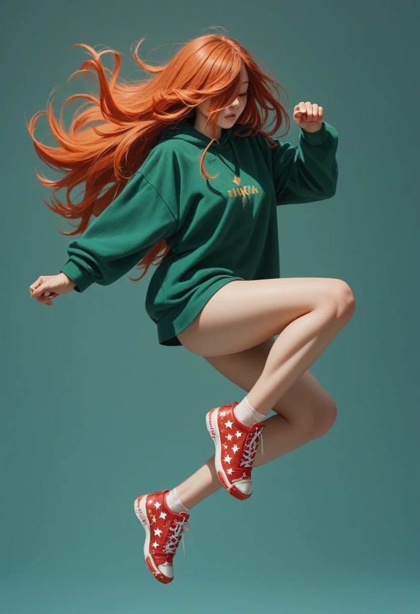 A beautiful young student woman, friendly face, long hair falling like a castata covering half of her eyes, wearing a green sweatshirt and red all stars shoes, dynamic pose, pear body.